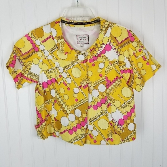 ITW Linen Retro Style Print One Button Swing Blazer Jacket Size 2 Short Sleeve - Picture 7 of 16